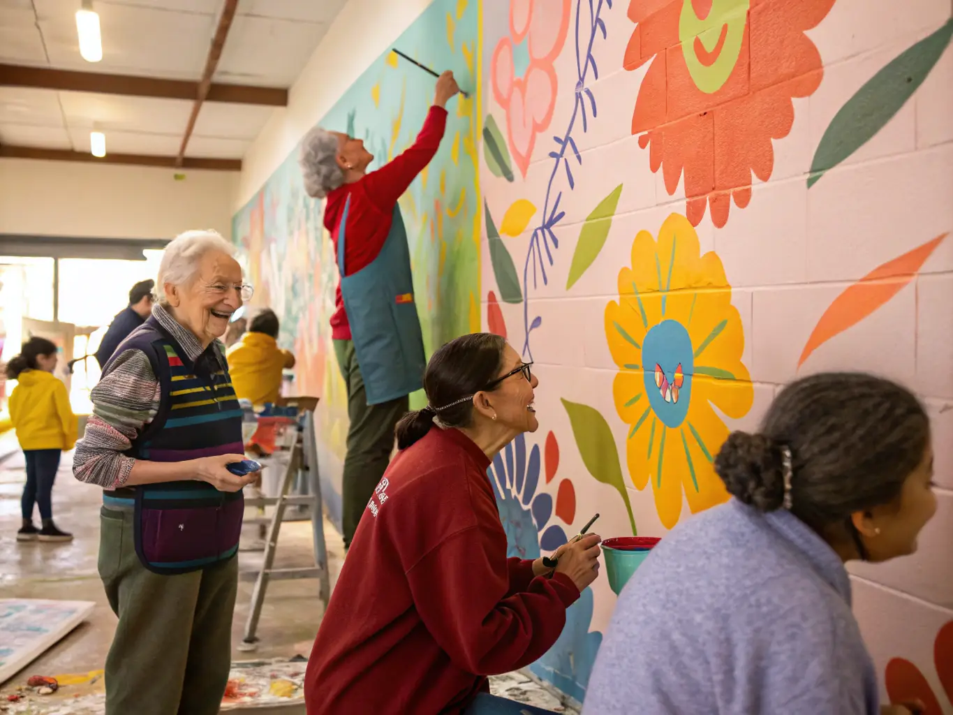 A vibrant image showcasing participants of all ages engaged in a collaborative art project during a CRES workshop, highlighting the community aspect of the program.