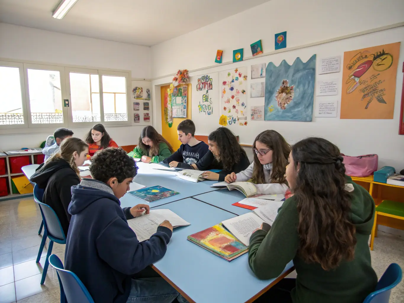 A group of children participating in an educational program at CRES, learning about art history and techniques in an interactive and engaging way.