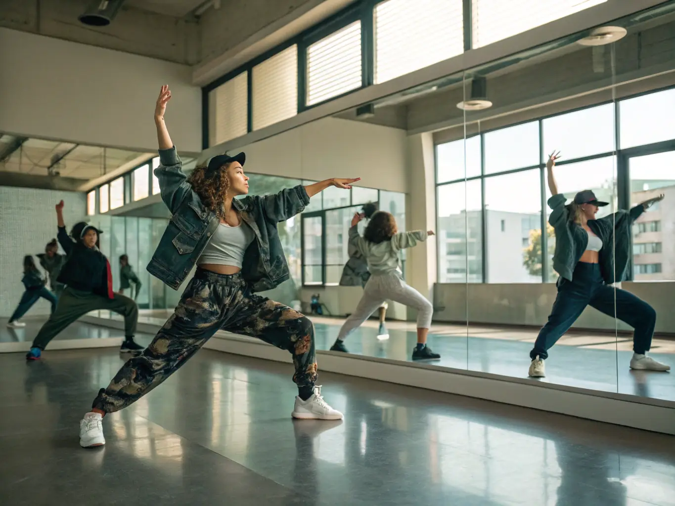 A photograph capturing a dynamic dance workshop in progress, showcasing participants of various ages and backgrounds moving to the rhythm with enthusiasm and joy. The setting is a brightly lit studio with mirrors and wooden floors, reflecting the energy of the dancers.