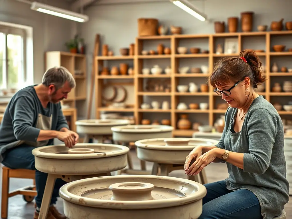 A vibrant image depicting a pottery class where participants are molding clay on spinning wheels, guided by an instructor. The scene is filled with creativity and focus, showcasing the hands-on learning experience.