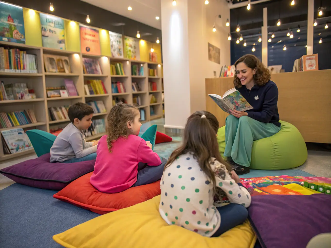 A photograph of a group of children participating in a storytelling session, captivated by the narrator's expressive gestures and voice. The setting is a cozy library corner with colorful books and comfortable seating.